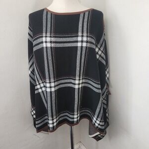 Ann‎ Taylor Womens Black Plaid Knit Poncho One Size Brown Trim Cape Sweater